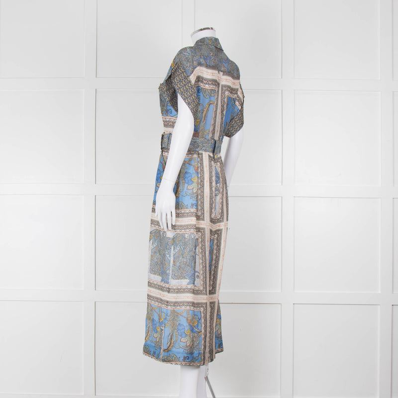 Maryan Mehlhorn Cream Blue Paisley Print Silk Blend Belted Jumpsuit