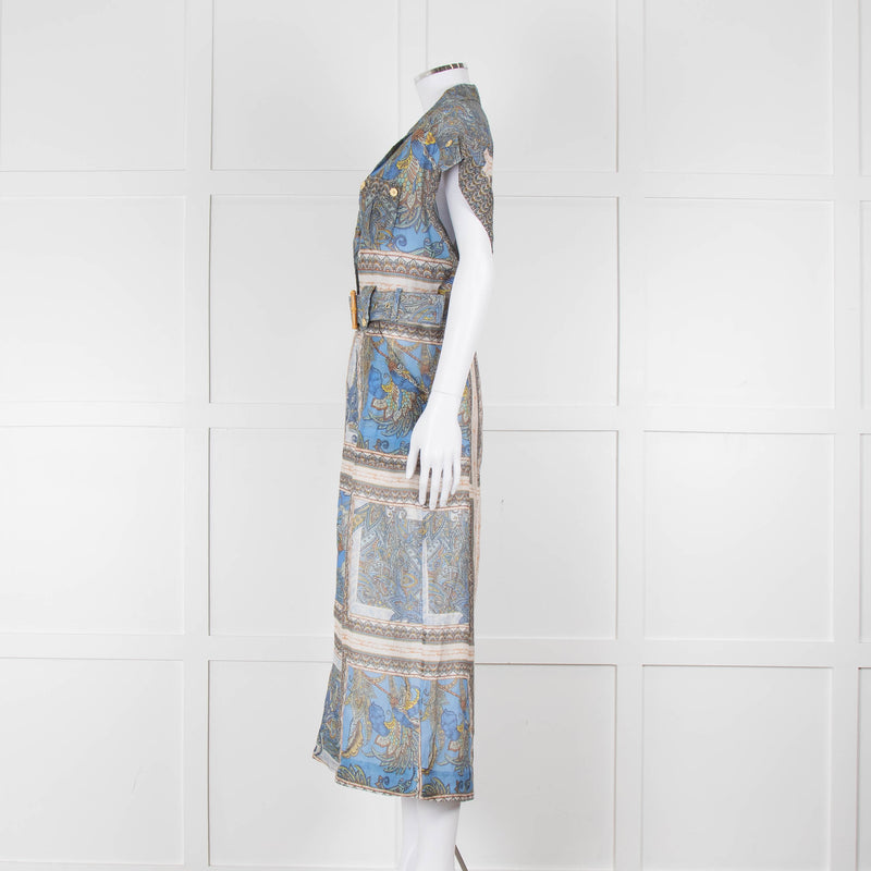 Maryan Mehlhorn Cream Blue Paisley Print Silk Blend Belted Jumpsuit