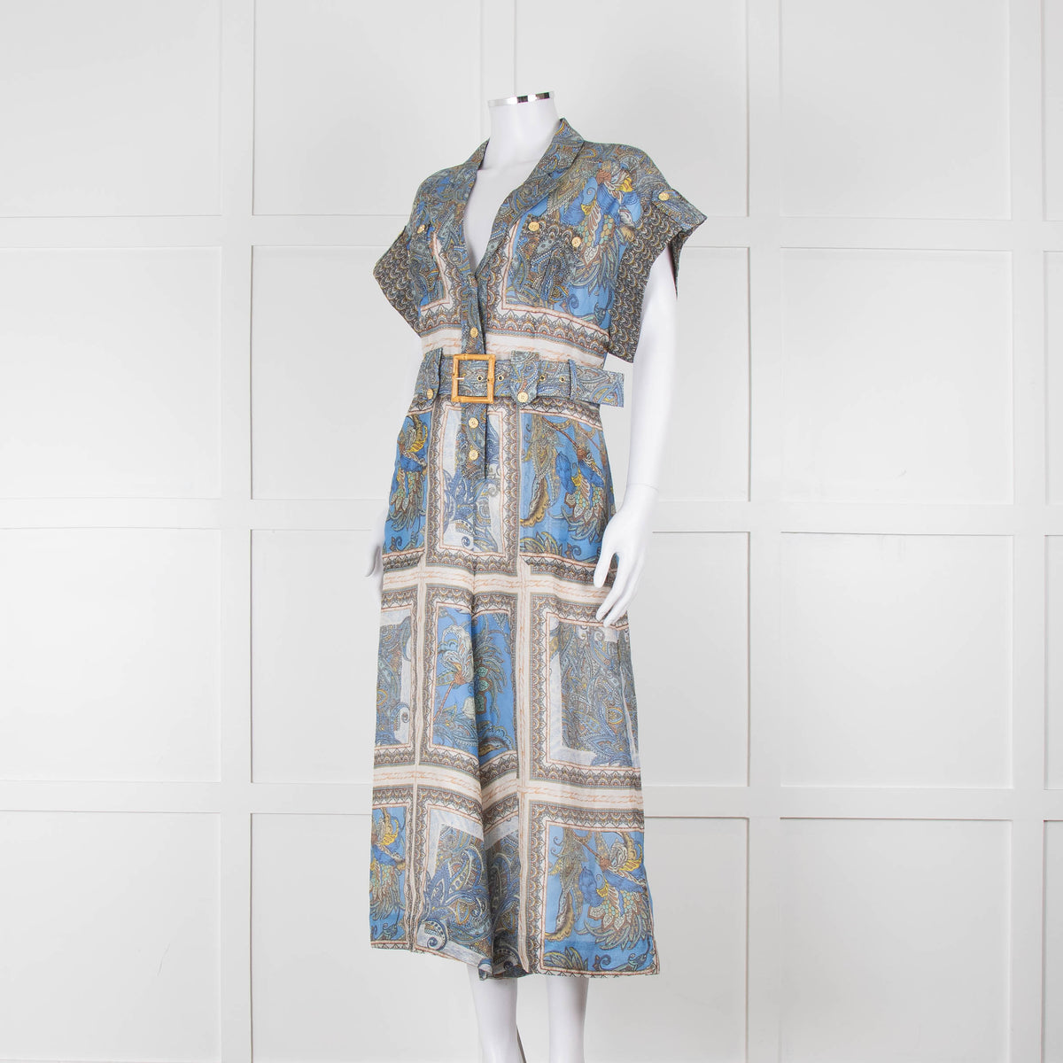 Maryan Mehlhorn Cream Blue Paisley Print Silk Blend Belted Jumpsuit