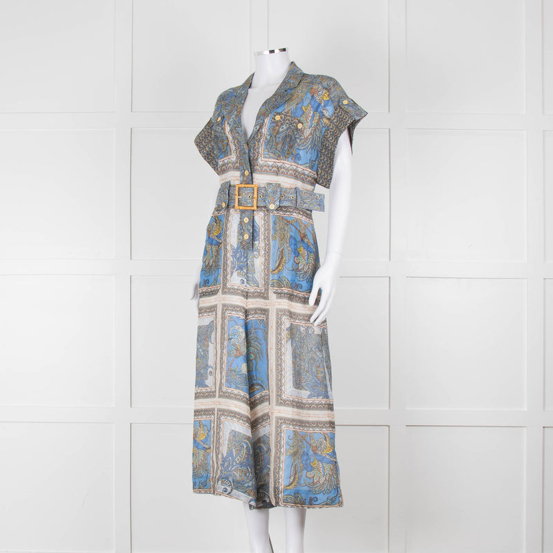 Maryan Mehlhorn Cream Blue Paisley Print Silk Blend Belted Jumpsuit