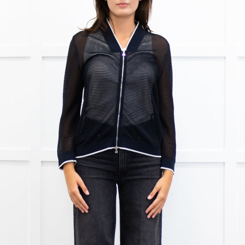 D. Exterior Blue Silver Neck Trim Zip Up  Mesh Cardigan