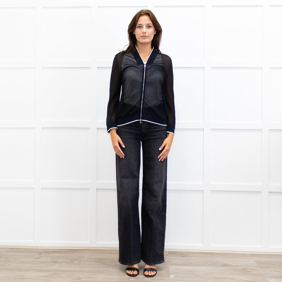 D. Exterior Blue Silver Neck Trim Zip Up  Mesh Cardigan