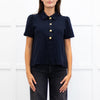 Me + Em Navy Blue Gold Button Puff Sleeve Wide Top