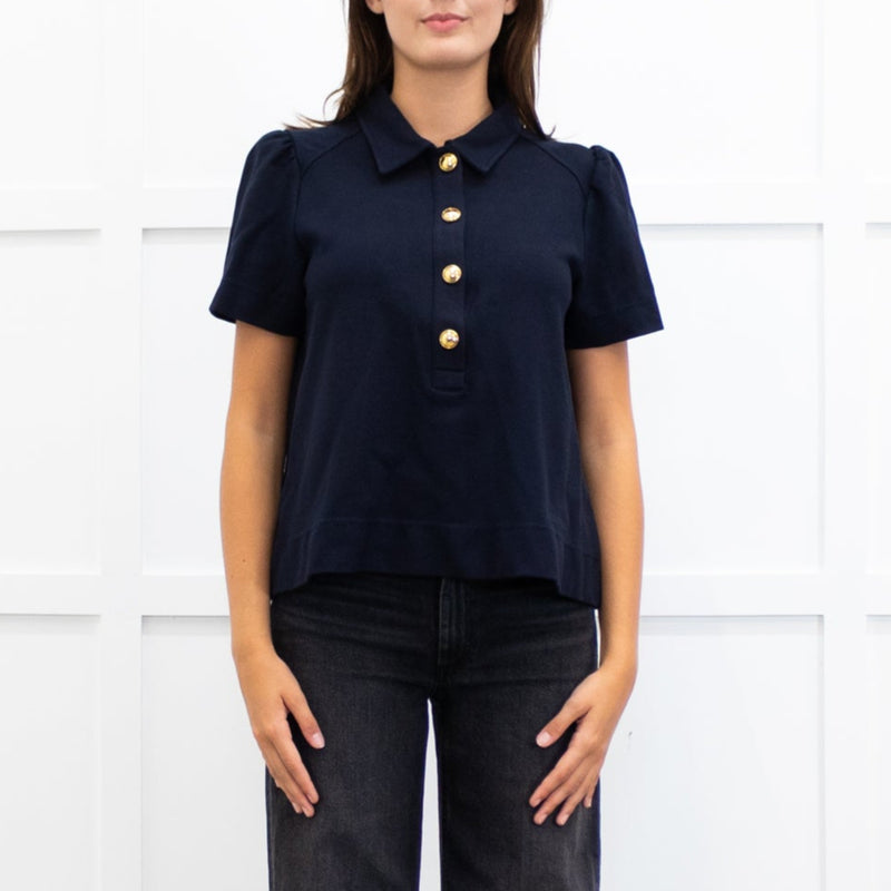Me + Em Navy Blue Gold Button Puff Sleeve Wide Top