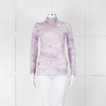 Ganni Off White Lilac Swirl Print Net High Neck Top