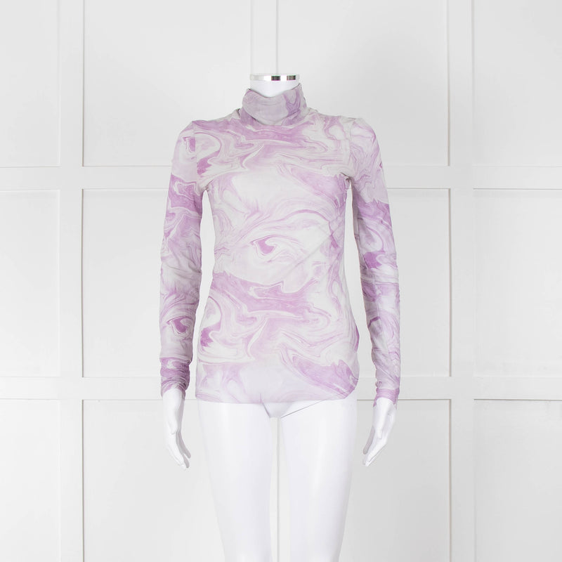 Ganni Off White Lilac Swirl Print Net High Neck Top