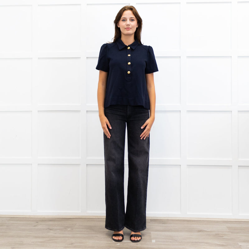 Me + Em Navy Blue Gold Button Puff Sleeve Wide Top