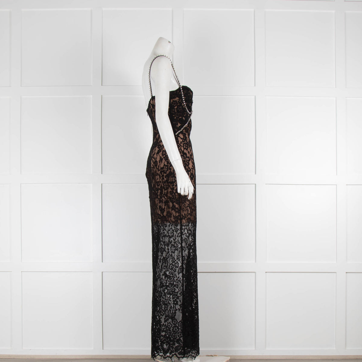Self Portrait Black Lace Diamante Strappy Long Dress