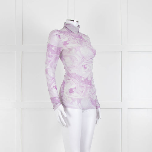 Ganni Off White Lilac Swirl Print Net High Neck Top