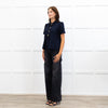 Me + Em Navy Blue Gold Button Puff Sleeve Wide Top
