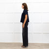 Me + Em Navy Blue Gold Button Puff Sleeve Wide Top