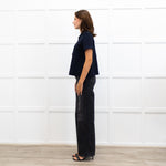 Me + Em Navy Blue Gold Button Puff Sleeve Wide Top