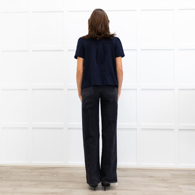 Me + Em Navy Blue Gold Button Puff Sleeve Wide Top
