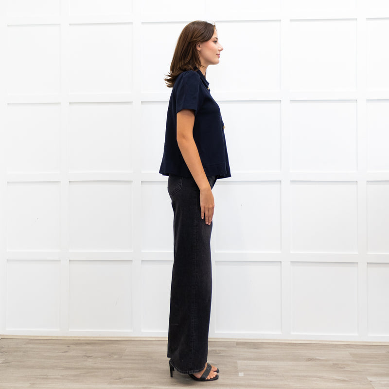 Me + Em Navy Blue Gold Button Puff Sleeve Wide Top
