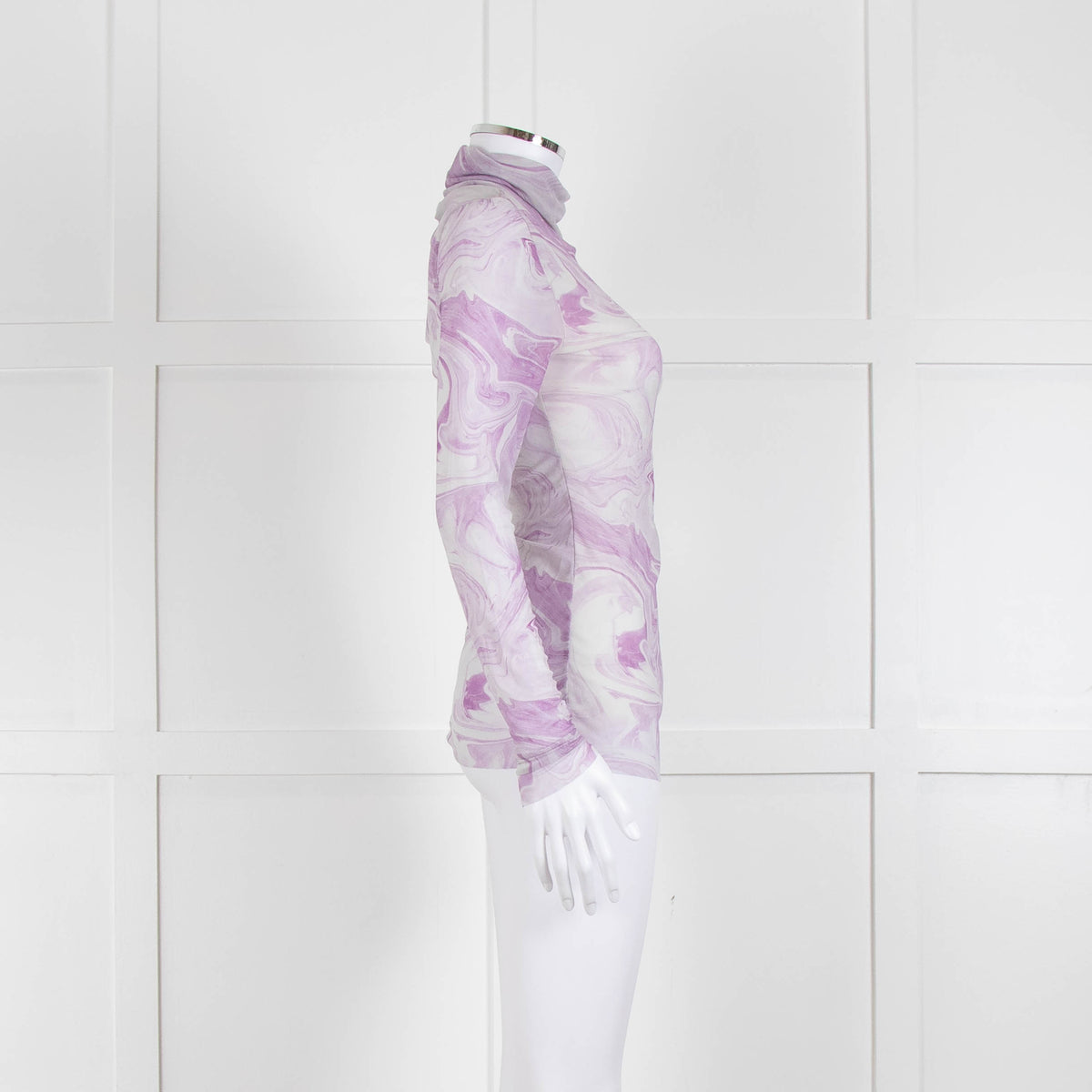 Ganni Off White Lilac Swirl Print Net High Neck Top