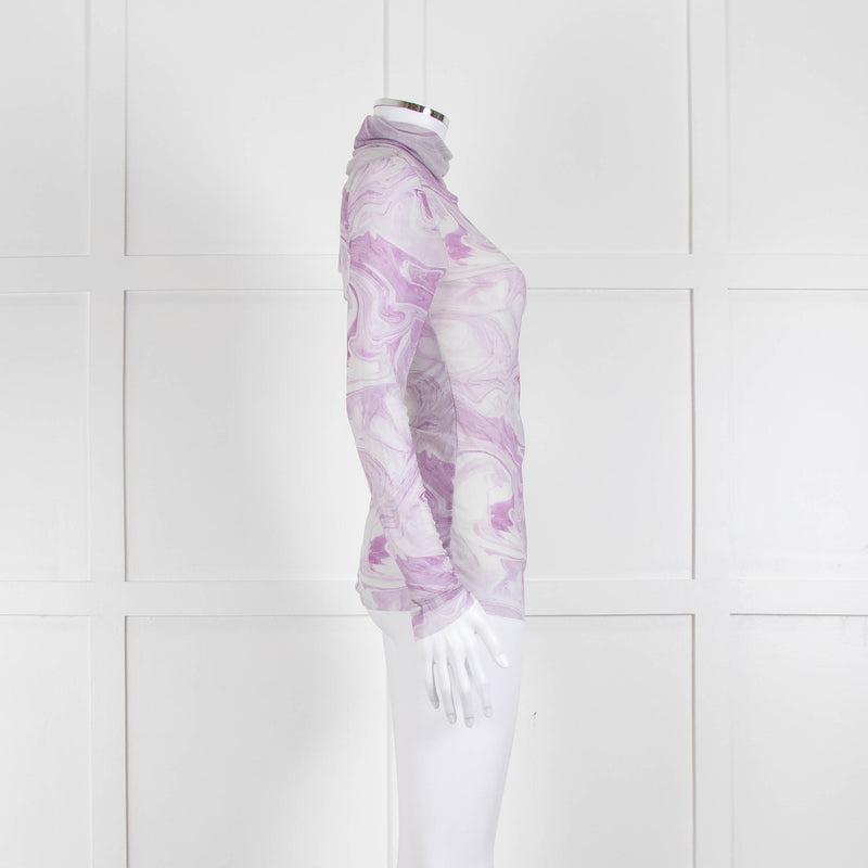 Ganni Off White Lilac Swirl Print Net High Neck Top