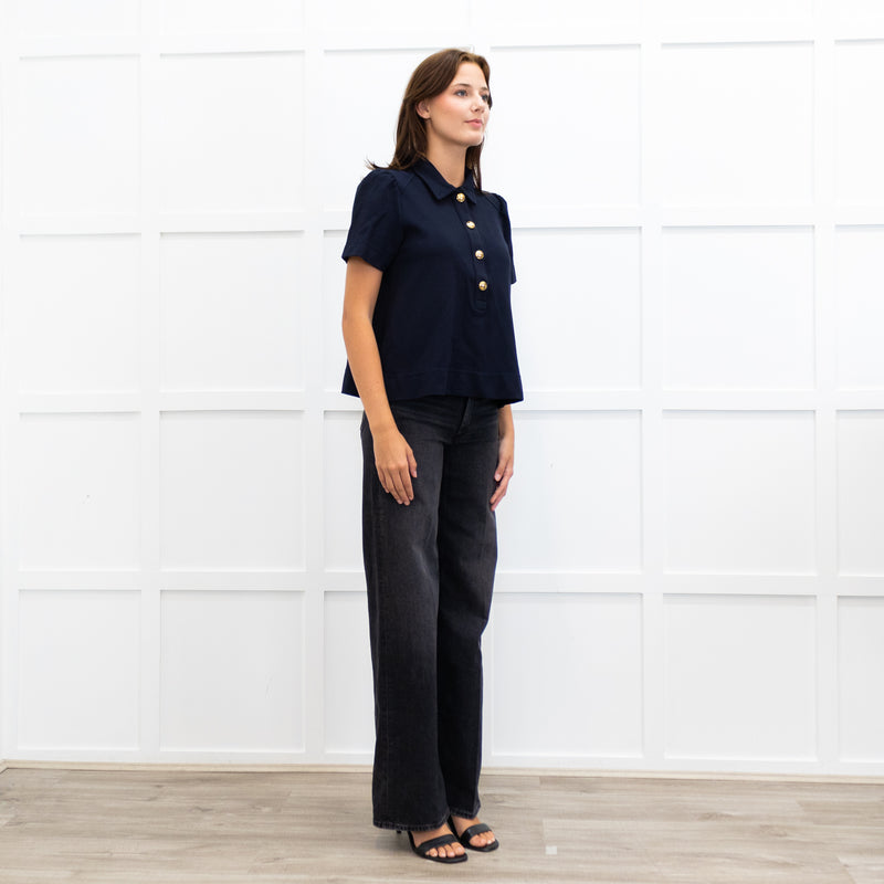 Me + Em Navy Blue Gold Button Puff Sleeve Wide Top
