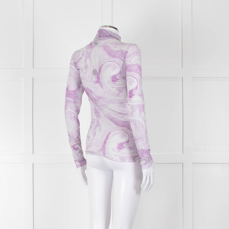 Ganni Off White Lilac Swirl Print Net High Neck Top