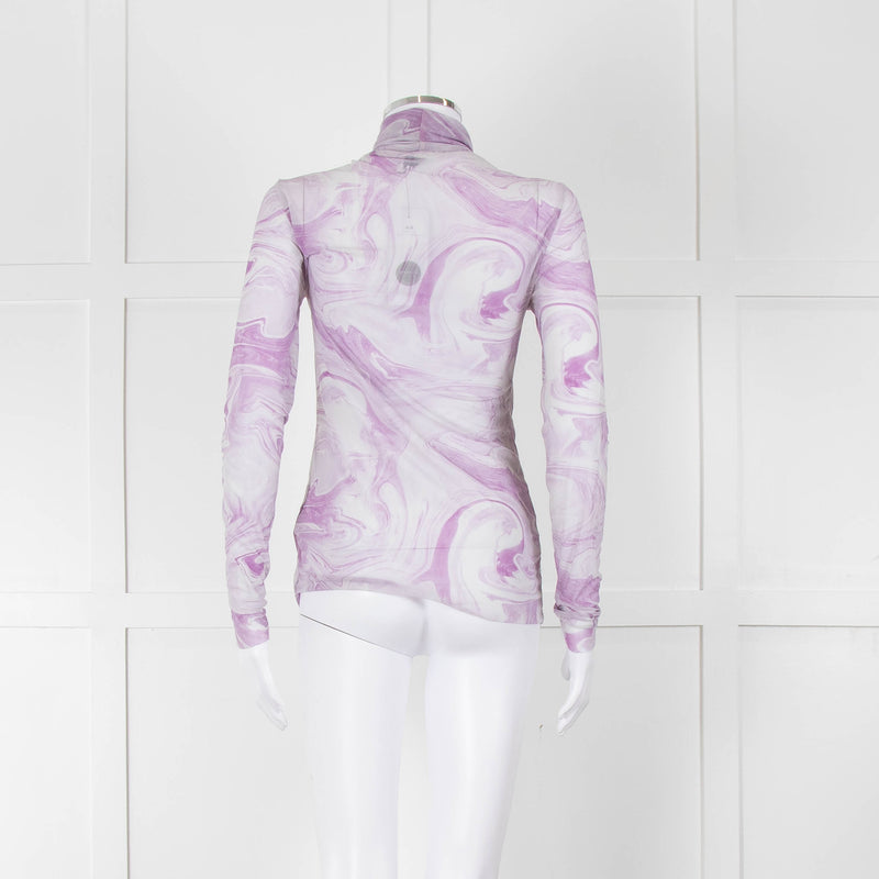 Ganni Off White Lilac Swirl Print Net High Neck Top