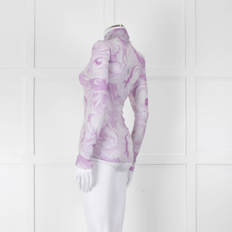 Ganni Off White Lilac Swirl Print Net High Neck Top