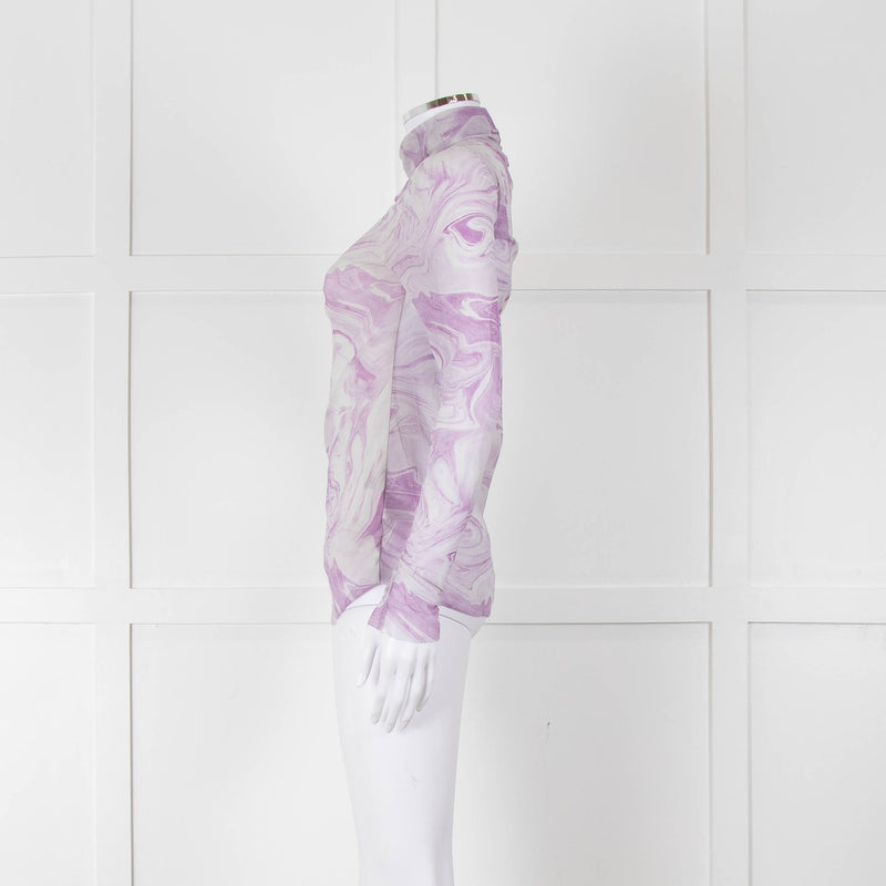 Ganni Off White Lilac Swirl Print Net High Neck Top