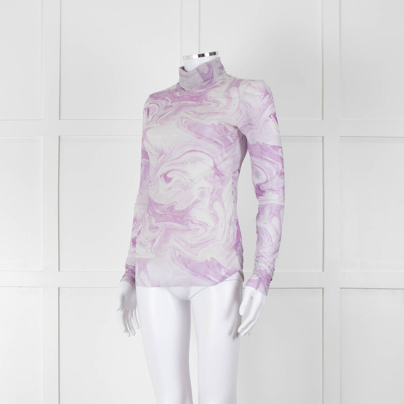 Ganni Off White Lilac Swirl Print Net High Neck Top