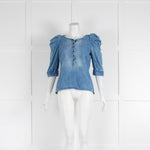 Maje Blue Denim Puff Sleeve V Neck Top