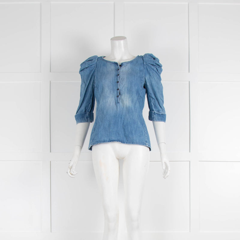 Maje Blue Denim Puff Sleeve V Neck Top