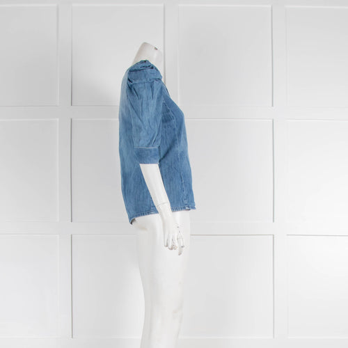 Maje Blue Denim Puff Sleeve V Neck Top