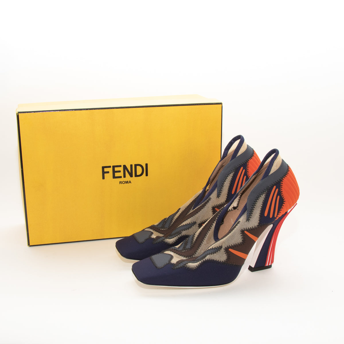 Fendi Navy and Orange Neoprene Printed Mesh Block Square Toe Heels