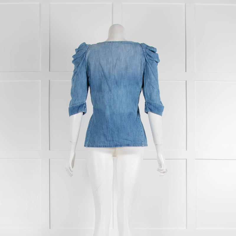 Maje Blue Denim Puff Sleeve V Neck Top