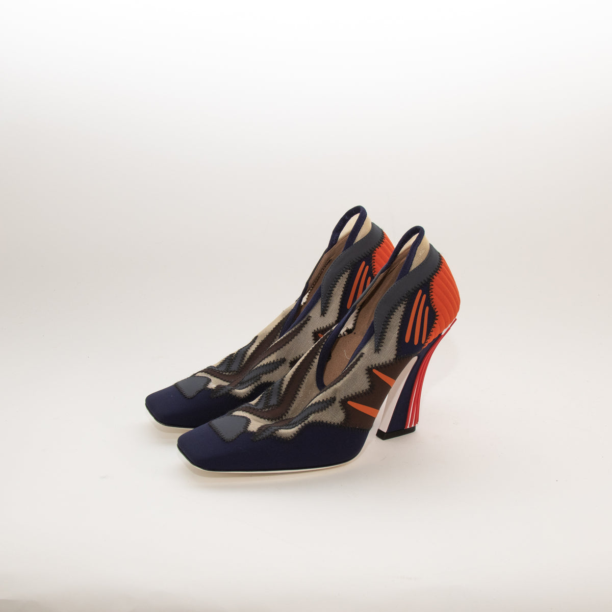 Fendi Navy and Orange Neoprene Printed Mesh Block Square Toe Heels
