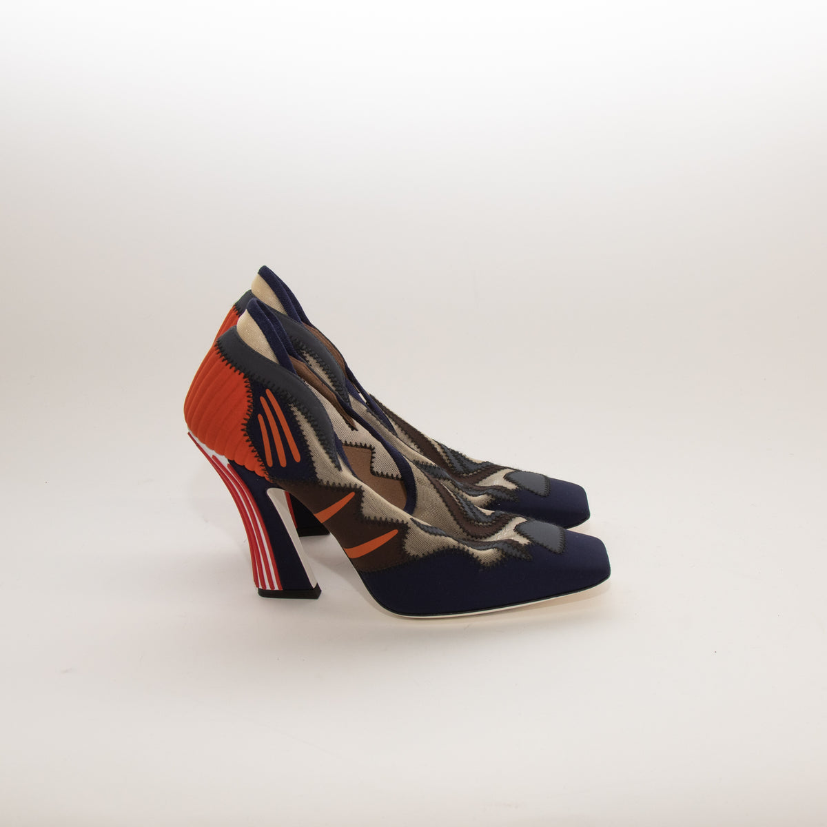 Fendi Navy and Orange Neoprene Printed Mesh Block Square Toe Heels