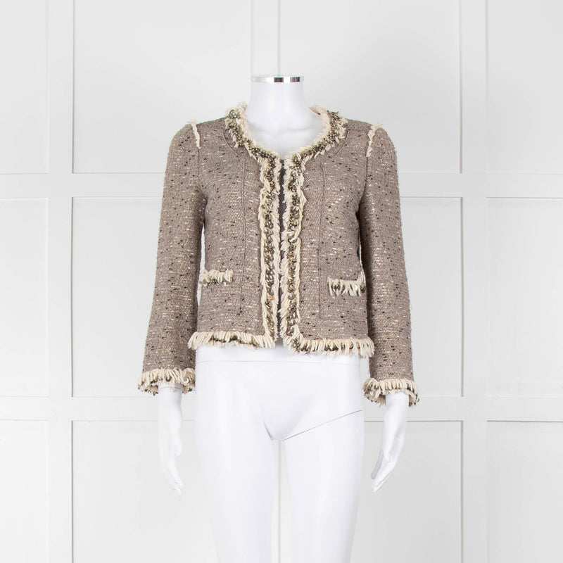 Rebecca Taylor Beige Gold Black Fleck Fringe Sequin Trim Jacket
