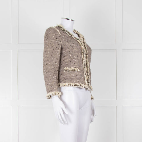 Rebecca Taylor Beige Gold Black Fleck Fringe Sequin Trim Jacket