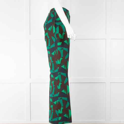 Akris Green Brown Navy Abstract Print Flared Trousers