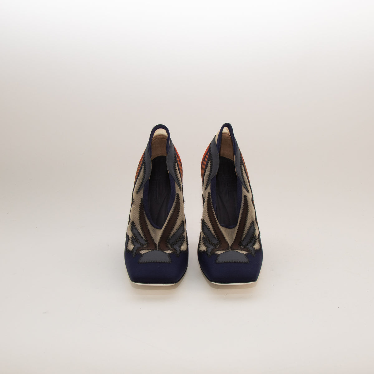 Fendi Navy and Orange Neoprene Printed Mesh Block Square Toe Heels
