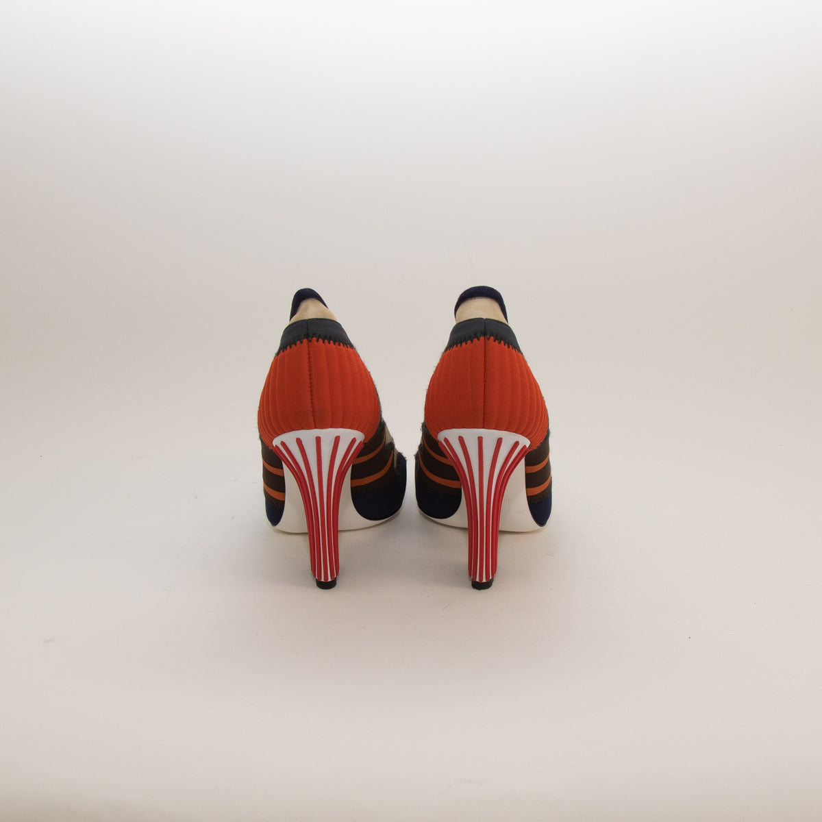 Fendi Navy and Orange Neoprene Printed Mesh Block Square Toe Heels