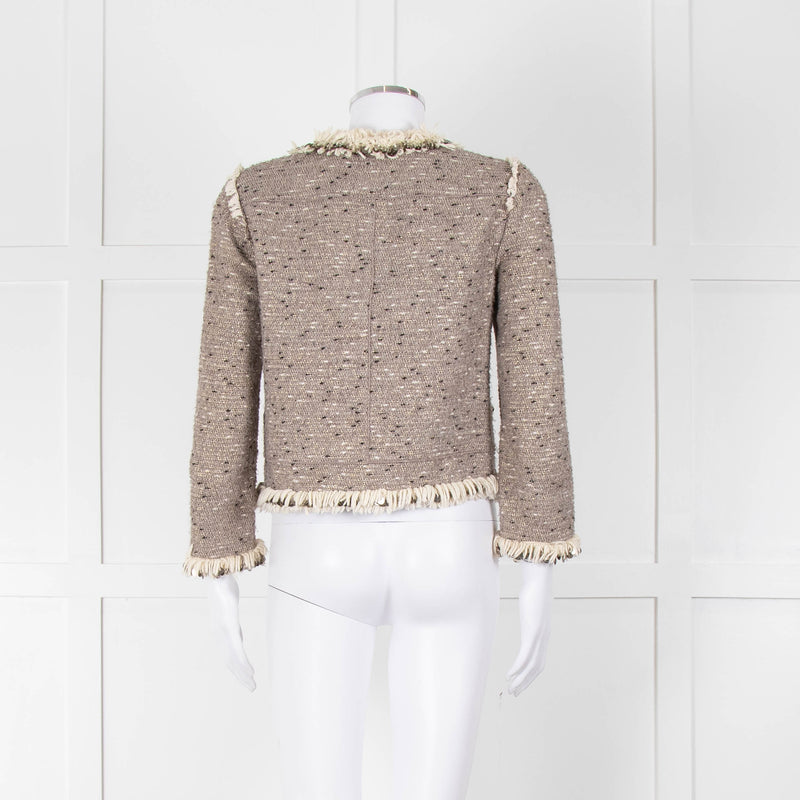 Rebecca Taylor Beige Gold Black Fleck Fringe Sequin Trim Jacket
