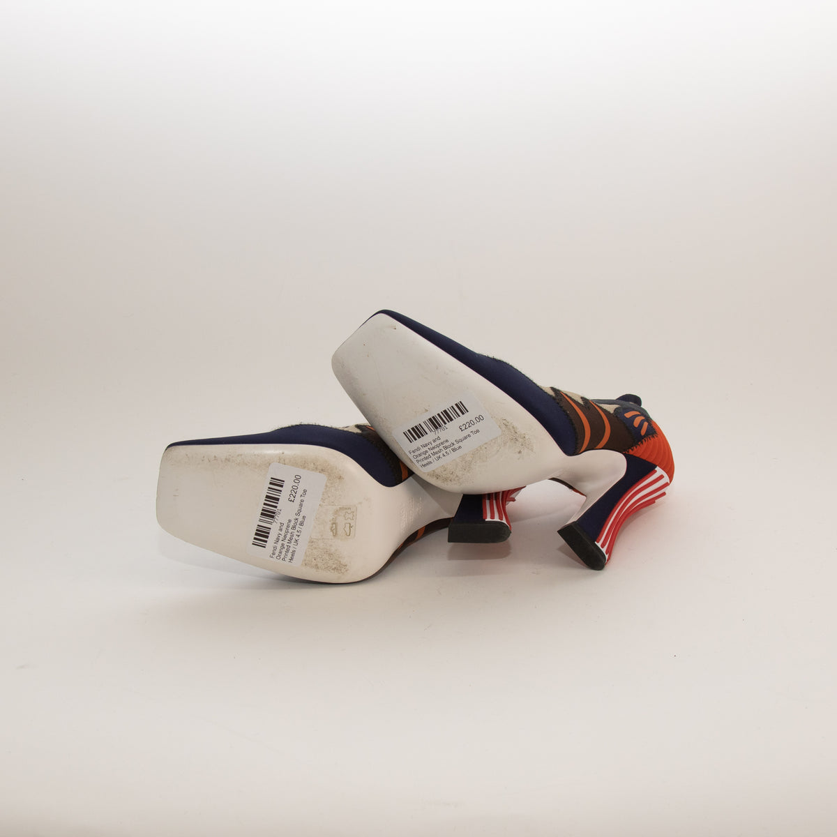 Fendi Navy and Orange Neoprene Printed Mesh Block Square Toe Heels