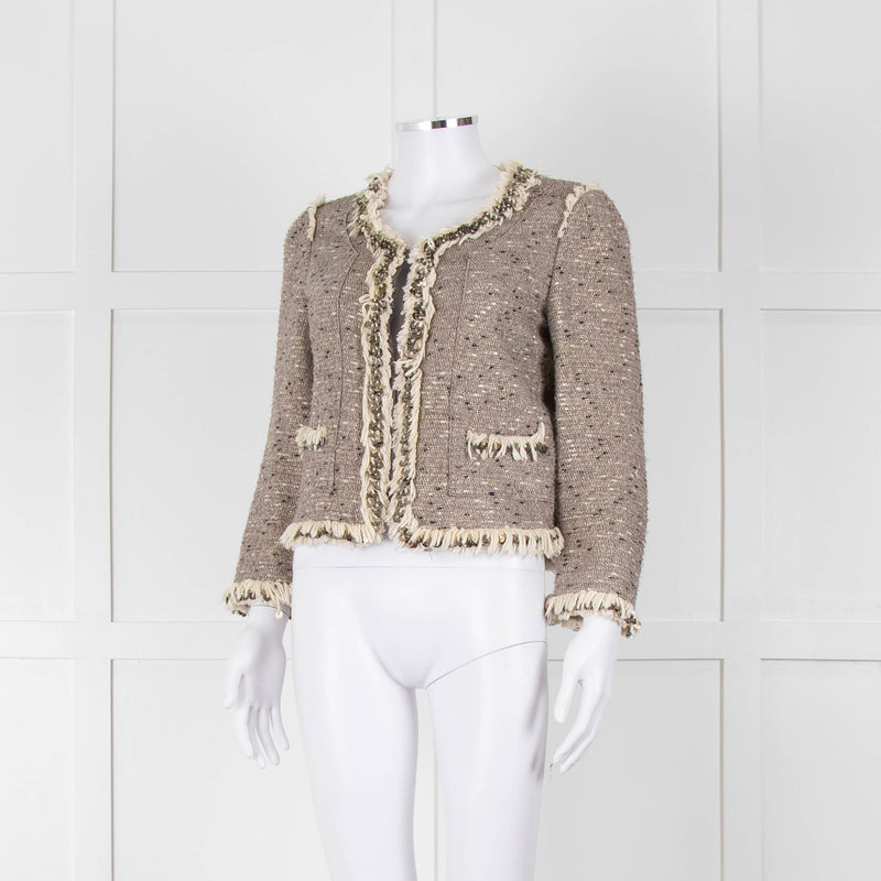 Rebecca Taylor Beige Gold Black Fleck Fringe Sequin Trim Jacket