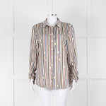 Van Laack Cream Khaki Teal Belt Stripe Print Silk Shirt