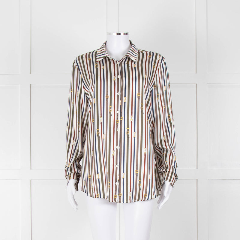 Van Laack Cream Khaki Teal Belt Stripe Print Silk Shirt