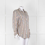 Van Laack Cream Khaki Teal Belt Stripe Print Silk Shirt