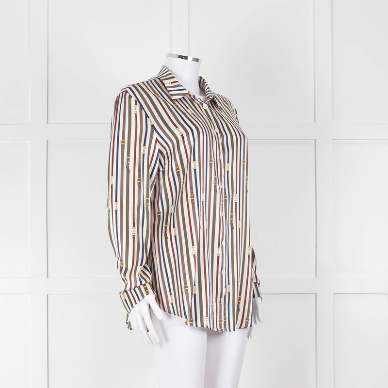 Van Laack Cream Khaki Teal Belt Stripe Print Silk Shirt
