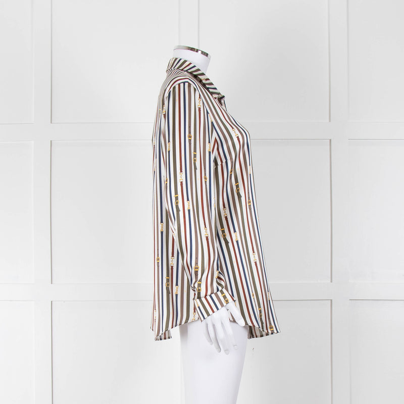 Van Laack Cream Khaki Teal Belt Stripe Print Silk Shirt
