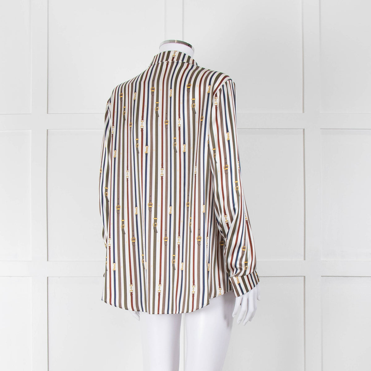 Van Laack Cream Khaki Teal Belt Stripe Print Silk Shirt