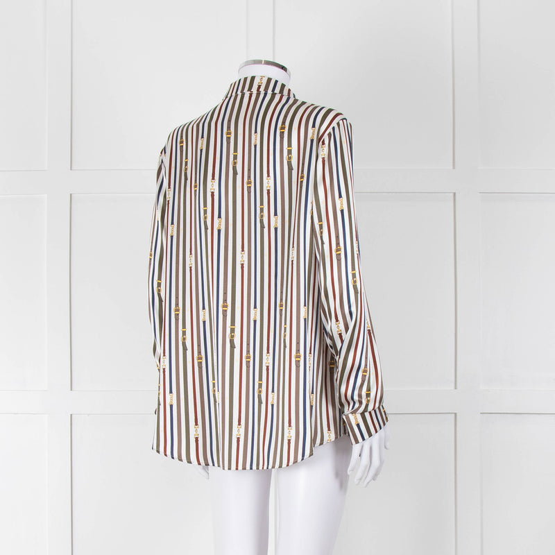 Van Laack Cream Khaki Teal Belt Stripe Print Silk Shirt