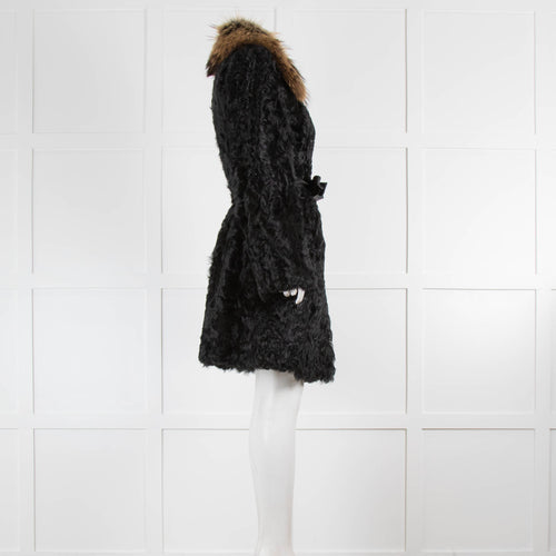 Yves Salomon Black Curly Lambskin Coat With Contrast Fur Collar