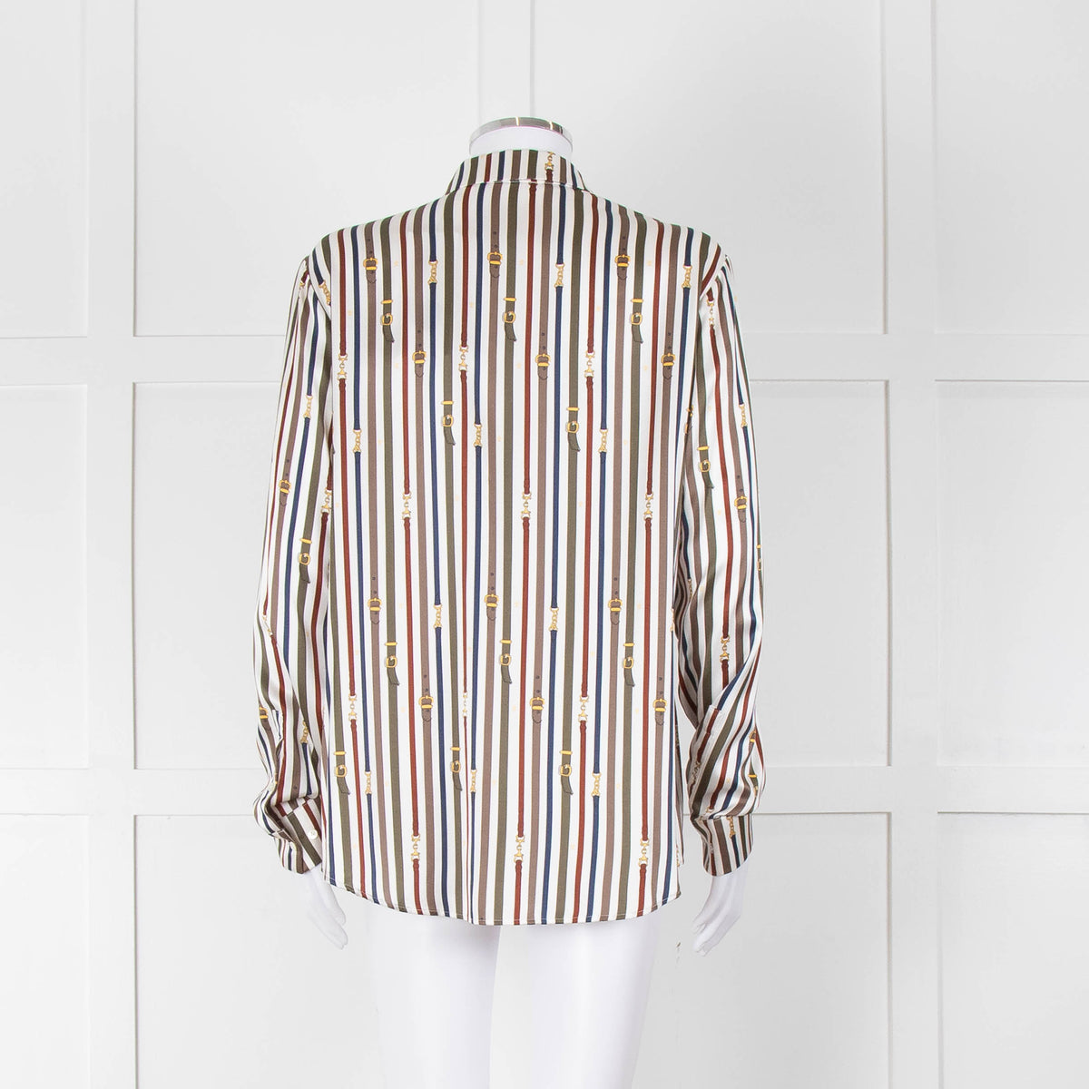 Van Laack Cream Khaki Teal Belt Stripe Print Silk Shirt